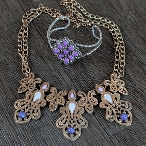 Gold-Tone Filigree Statement Necklace with Purple and White Accents